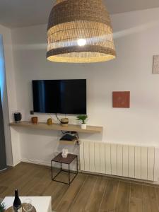 a living room with a flat screen tv on the wall at Paradis les pieds sur le sable trouville palace in Trouville-sur-Mer