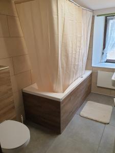 a bathroom with a bathtub with a shower curtain at Mornag AG Ferien Wohnung in Weesen