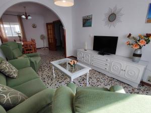 コニル・デ・ラ・フロンテーラにあるCasa Chaniのリビングルーム(緑の椅子、テレビ付)