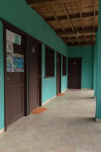 een lege kamer met groene muren en bruine deuren bij Valerie Emanuel Apartments in Bocas del Toro