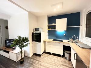 een keuken met witte kasten en een blauwe muur bij Appartement de charme T2 au coeur de Bourges in Bourges
