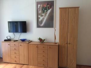 Cette chambre dispose d'une télévision et d'une commode avec une armoire. dans l'établissement Lellei vízparti apartman homokos strandnál, à Balatonlelle