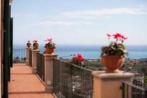 a balcony with potted plants and a view of the ocean at Il Melograno in San Leonardello
