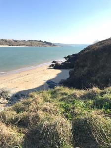 a beach with some grass and the water at Harbour Retreat Padstow - Entire Apartment in Padstow