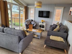 ein Wohnzimmer mit 2 Sofas und einem TV in der Unterkunft Coed Helen Holiday Park in Caernarfon