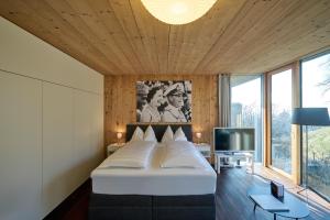 a bedroom with a large bed and a tv at Design Apartment mit Naturblick in Bregenz