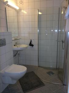 a bathroom with a shower and a toilet and a sink at Petrines Gjestgiveri in Norddal