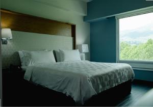 a bedroom with a large bed with a large window at Holiday Inn Uruapan, an IHG Hotel in Uruapan del Progreso