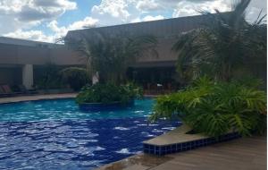 a swimming pool with palm trees in front of a building at Enjoy Olímpia Park Resort in Olímpia +2 photos