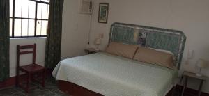 1 dormitorio con 1 cama con cabecero y 2 ventanas en Motel Sahara Suites, en Barranca