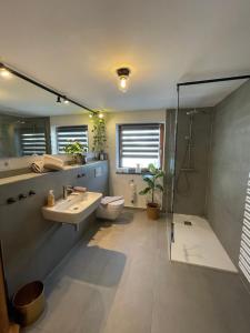a bathroom with a sink and a toilet and a shower at Haus Erich K. in Berchtesgaden +7 photos