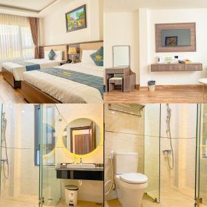 eine Collage mit vier Bildern eines Hotelzimmers in der Unterkunft Crown Dalat Hotel in Da Lat