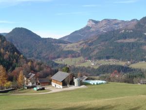 a farm in a field with mountains in the background at Kalßnhof in Bad Aussee