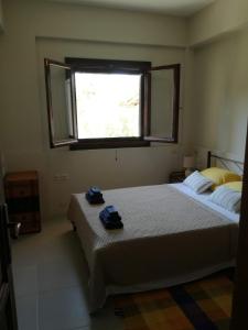 1 dormitorio con 2 camas y ventana en Sunset view apartment, en Áfissos