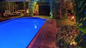 - une piscine dans un jardin la nuit avec des lumières bleues dans l'établissement Casa Axier-Chalet con Piscina privada y chimenea, à Biar