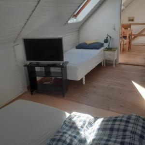 ein Schlafzimmer mit einem Bett und einem TV im Dachgeschoss in der Unterkunft Belvedere B&B in Svendborg
