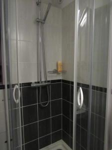 a shower with a glass door in a bathroom at studio moderne avec coin montagne la vallée blanche 2 La Foux d Allos in La Foux