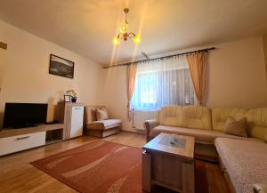 a living room with a couch and a tv at Apartment & Room Monika in Rakovica