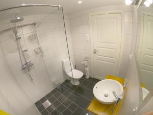een badkamer met een douche, een toilet en een wastafel bij Ørsdalen Turistsenter in Vikeså