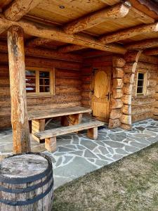 a wooden cabin with a picnic table and a barrel at Apartament Lis in Szczyrk