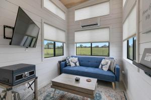a living room with a blue couch and a tv at NEW Luxury Tiny Home with Hot Tub and Grill in Fredericksburg
