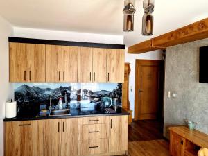 a kitchen with wooden cabinets and a sink at Willa Pasieka Apartamenty Domki in Bukowina Tatrzańska