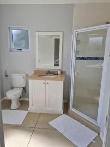 a bathroom with a shower and a sink and a toilet at Caribbeans Estates 76/34 in Port Edward