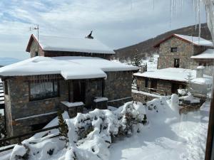 un bâtiment recouvert de neige avec un oiseau sur le toit dans l'établissement Chalet D'elite, à Palaios Agios Athanasios