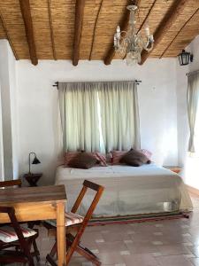 a bedroom with a bed and a table and a chandelier at Cactus y Almacen - Purmamarca in Purmamarca