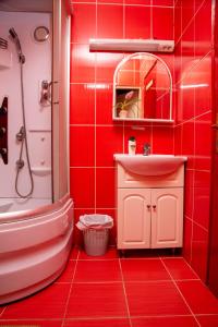 uma casa de banho vermelha com um lavatório e um chuveiro em Sobe sa sopstvenim KUPATILOM Private rooms bathroom In CENTER em Novi Sad
