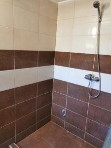 a bathroom with a shower with brown and white tiles at Strand Motel, Vígadó Csárda in Dombrád