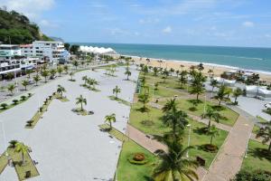 Hotel Cayapas Esmeraldas في إسمرالداس: اطلالة جوية على شاطئ به نخيل والمحيط