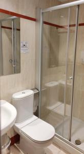 ブルゴスにあるHotel Cuéntameのバスルーム(トイレ、ガラス張りのシャワー付)