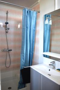 a bathroom with a shower with a blue shower curtain at Appart à 2 pas de la plage - Centre d'Asnelles in Asnelles