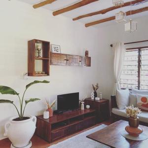 un salon avec une télévision et une plante en pot dans l'établissement Villa Isla del Amore, à Watamu