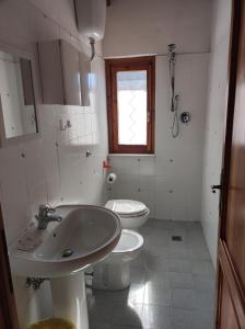 uma casa de banho com um lavatório, um WC e uma janela. em Agriturismo il fosso em Cutigliano