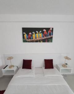 a white room with a bed and a painting of parrots at Hello Guyane, Suite Collection (5), 5 étoiles. in Cayenne