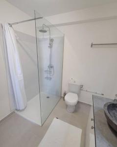 a white bathroom with a shower and a toilet at Hello Guyane, Suite Collection (5), 5 étoiles. in Cayenne +12 photos