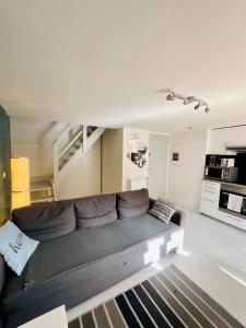 ein Wohnzimmer mit einem grauen Sofa in einem Zimmer in der Unterkunft Dupleix Centre Ville Montlhéry Parking 30min Paris in Montlhéry