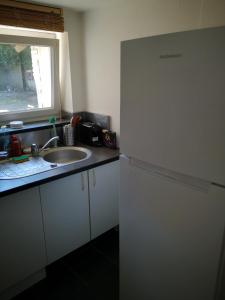 La cuisine est équipée d'un réfrigérateur blanc et d'un évier. dans l'établissement Studio vacances proche plages, à Neufchâtel-Hardelot