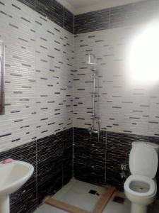 a bathroom with a shower and a toilet and a sink at قرية رمسيس الكيلو45 الساحل الشمالي in Borg El Arab