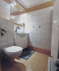 ein Badezimmer mit einem WC und einem Abfluss im Boden in der Unterkunft Apartament przy plaży free parking in Złotów