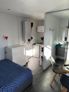um quarto com uma cama, uma secretária e uma cadeira em Studio indépendant très calme em Saint-Jean-de-Védas