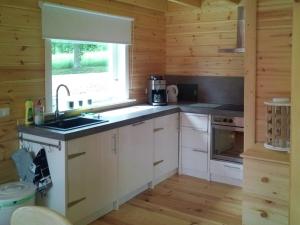 uma cozinha com armários brancos, um lavatório e uma janela em Wooden house with sauna in K stelberg em Medebach