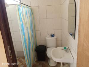 a small bathroom with a toilet and a sink at Wli Waterfalls Inn,My Home Your Home in Wli Afegame +92 photos
