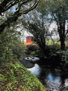 a stream with a red barn in a field with trees at Shepherds Hut Glamping in Bantry