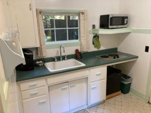 a kitchen with a sink and a microwave at Emerald Forest Cabins in Trinidad