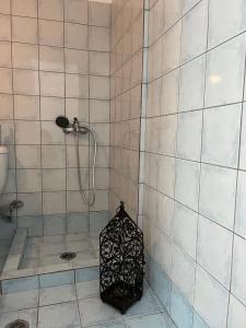 uma casa de banho com um chuveiro com um saco preto e branco em Malamo em Ambelón