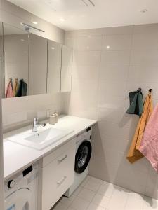 a bathroom with a sink and a washing machine at Scandpoint Apartments OSLO ski in ski out all year in SNOOSLO with Free Parking in Høybråten