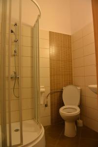 La salle de bains est pourvue d'une douche et de toilettes. dans l'établissement Pokoje Gościnne Domu Pielgrzyma w Supraślu, à Supraśl